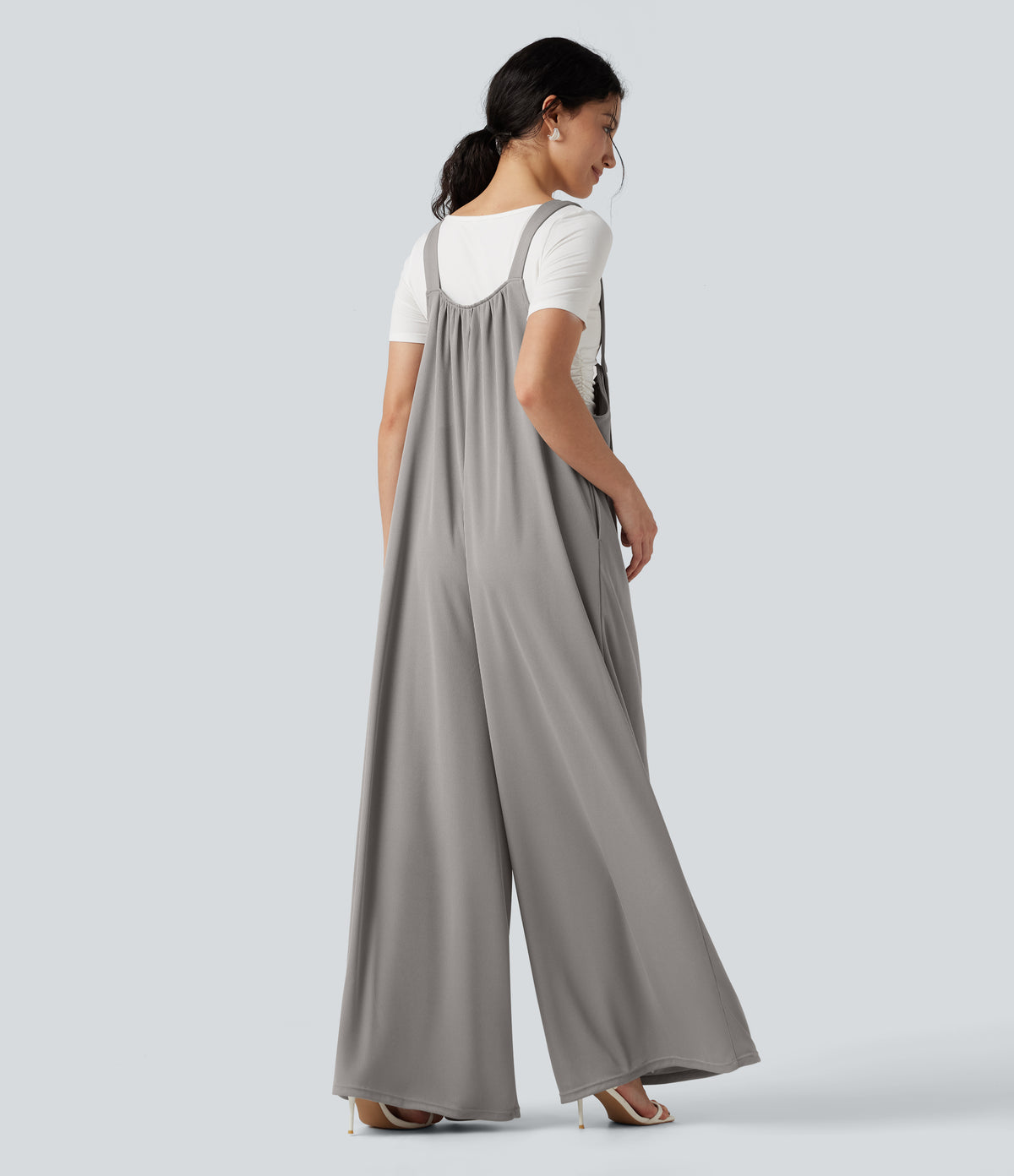 Adjustable Straps Waffle Casual Flowy Baggy Jumpsuit with Pockets — Mourning Dove — view 2