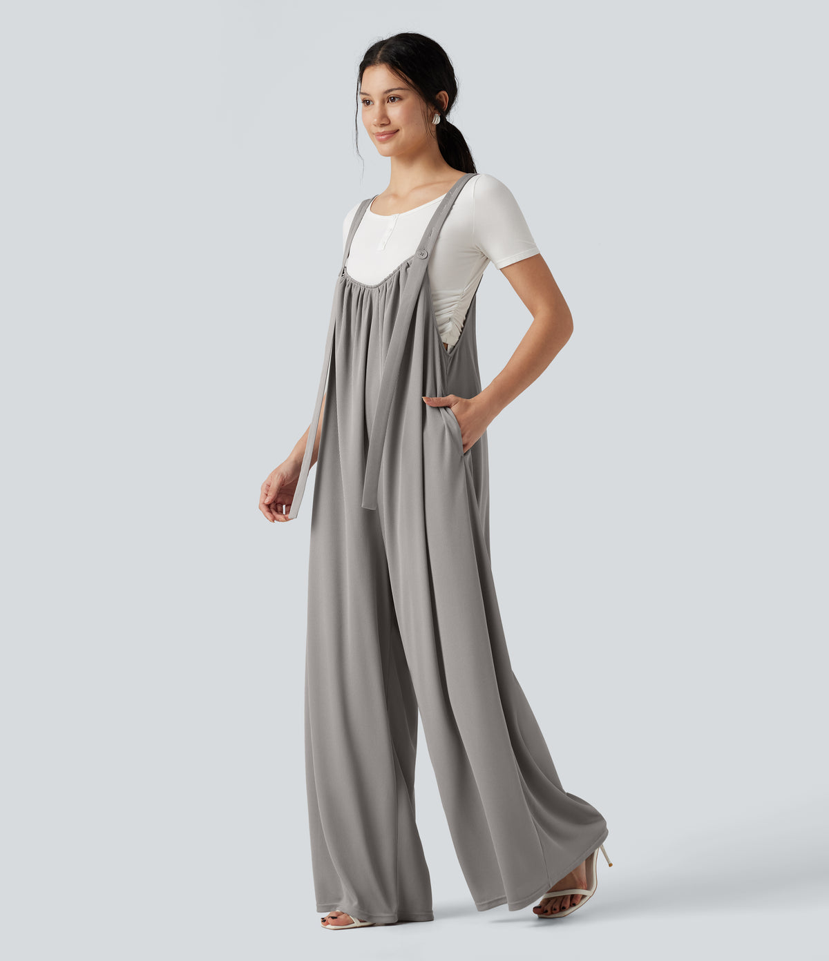 Adjustable Straps Waffle Casual Flowy Baggy Jumpsuit with Pockets — Mourning Dove — view 1
