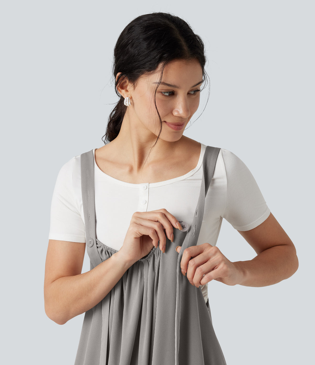 Adjustable Straps Waffle Casual Flowy Baggy Jumpsuit with Pockets — Mourning Dove — view 4