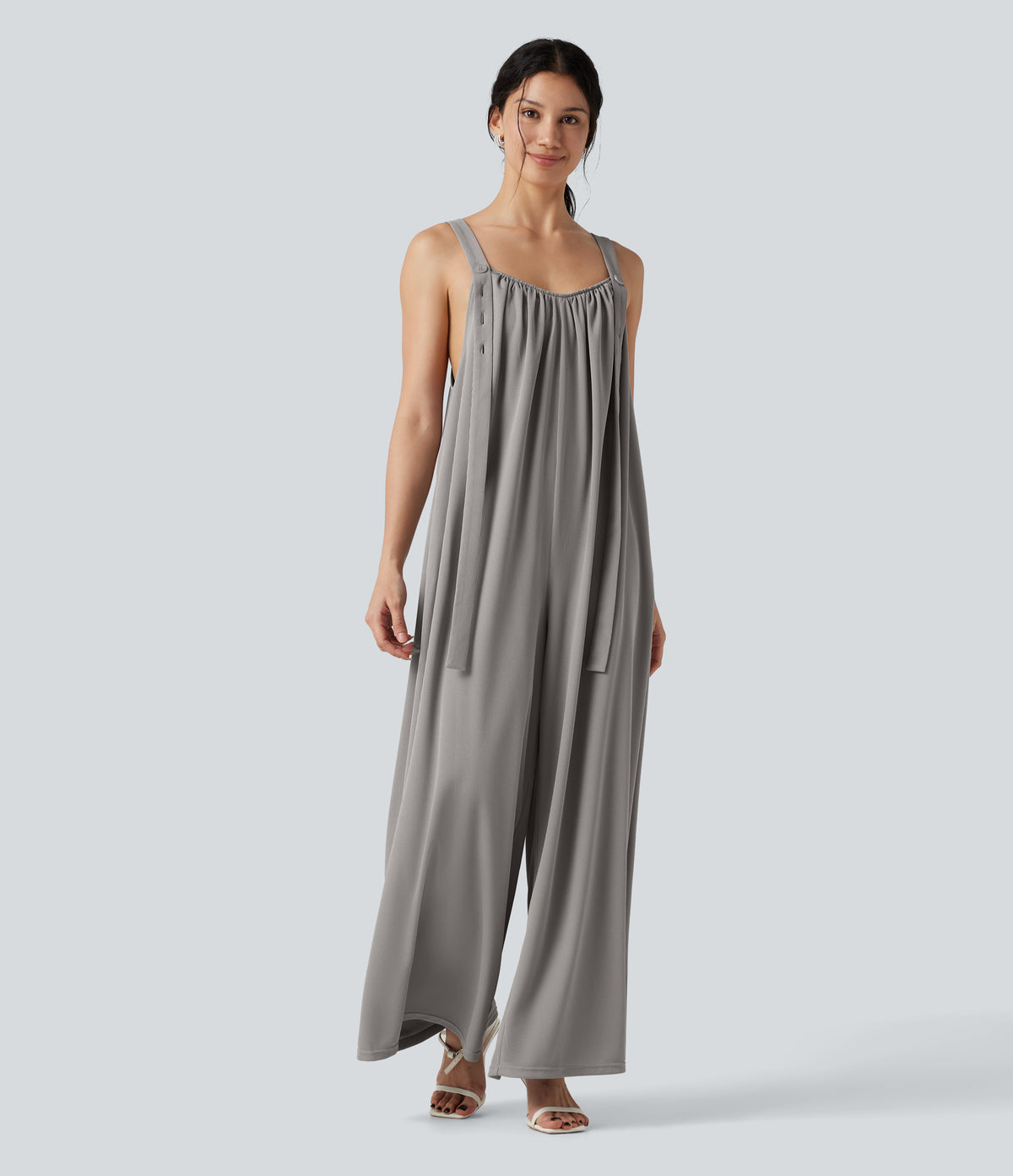 Adjustable Straps Waffle Casual Flowy Baggy Jumpsuit with Pockets — Mourning Dove — view 6