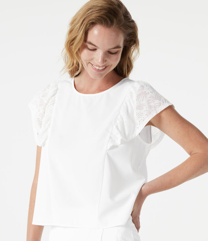Round Neck Keyhole Back Contrast Lace Flounce Sleeve Casual Blouse — White — view 1