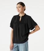 V Neck Ruffle Short Sleeve Contrast Lace Casual Blouse — Black — view 4