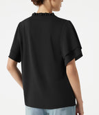 V Neck Ruffle Short Sleeve Contrast Lace Casual Blouse — Black — view 5