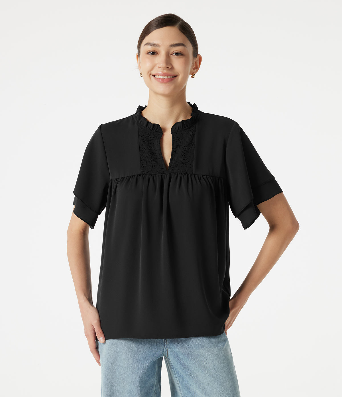 V Neck Ruffle Short Sleeve Contrast Lace Casual Blouse — Black — view 1
