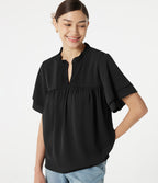 V Neck Ruffle Short Sleeve Contrast Lace Casual Blouse — Black — view 3