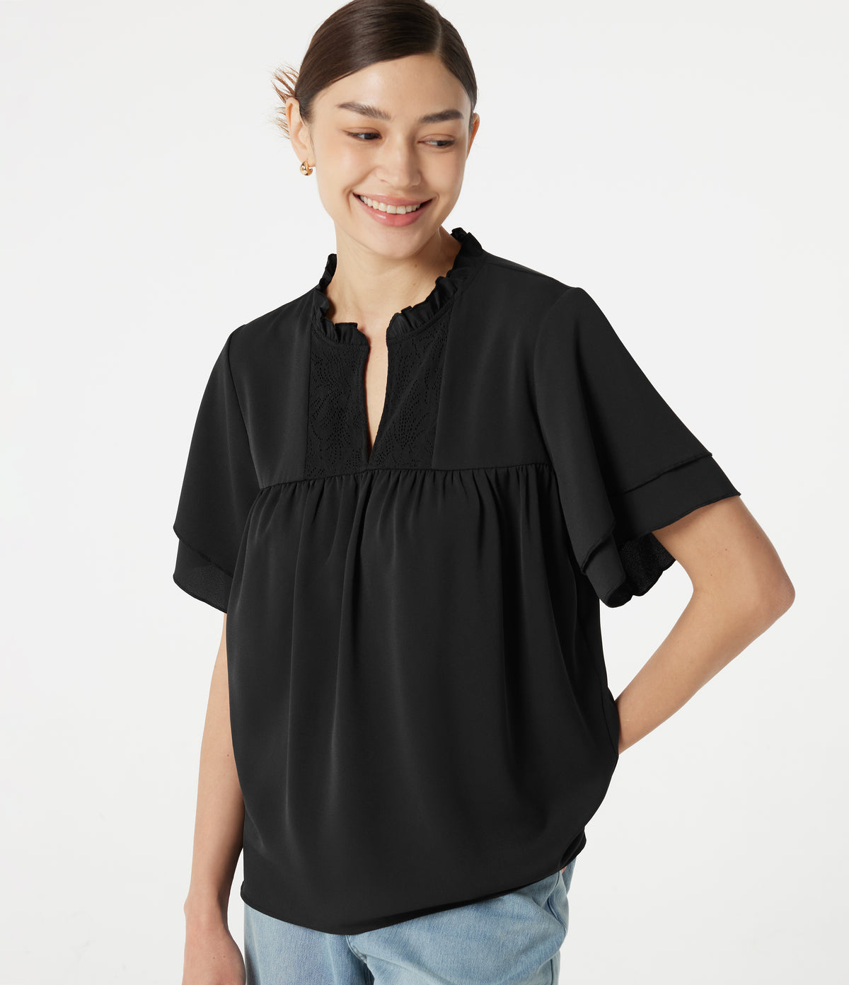 V Neck Ruffle Short Sleeve Contrast Lace Casual Blouse — Black — view 3
