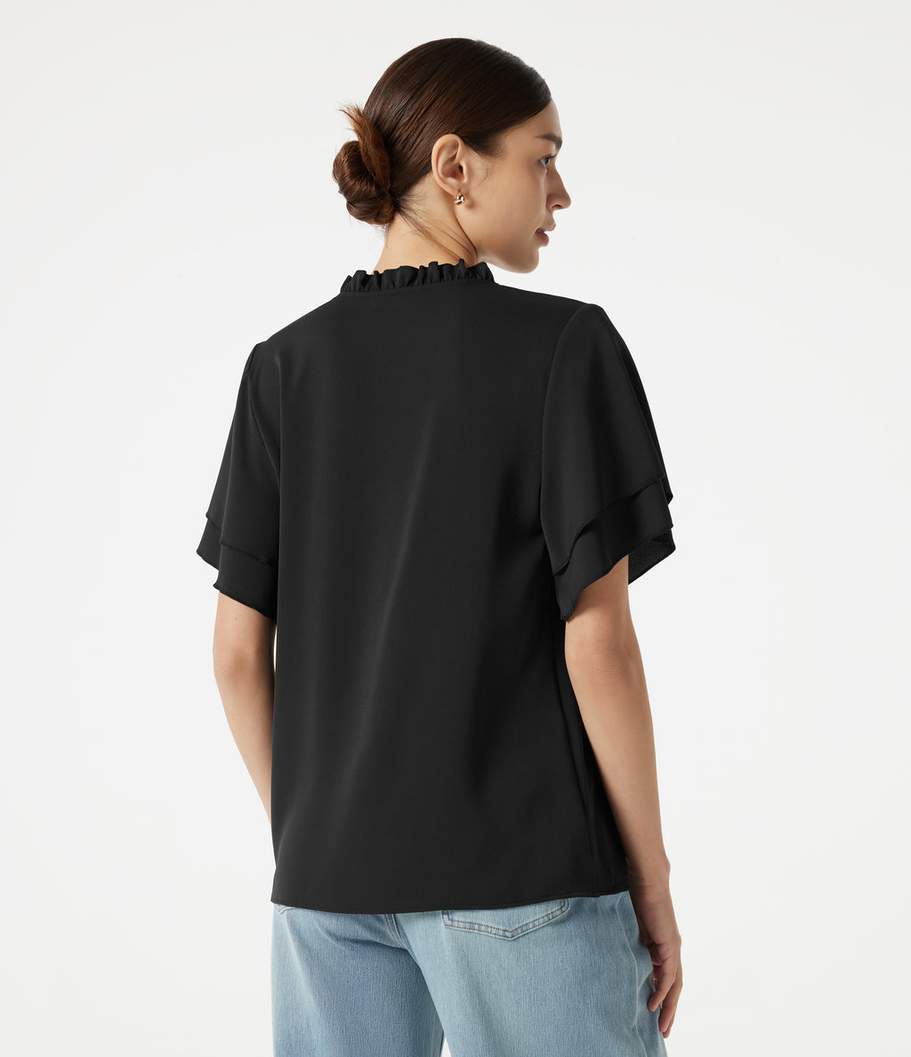 V Neck Ruffle Short Sleeve Contrast Lace Casual Blouse — Black — view 2