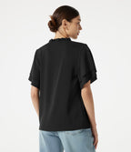 V Neck Ruffle Short Sleeve Contrast Lace Casual Blouse — Black — view 2