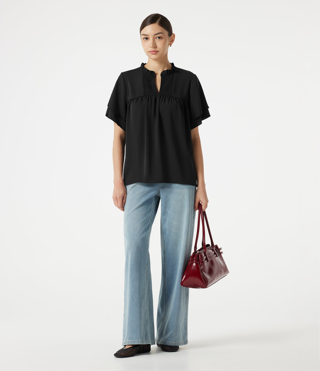 V Neck Ruffle Short Sleeve Contrast Lace Casual Blouse — Black — view 7