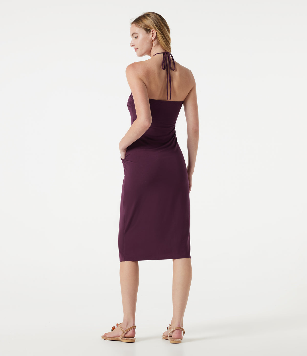 Halter Tie Back Midi Dress with Pockets — Fig — view 1