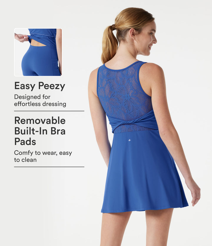 Sleeveless Twisted Contrast Lace Built-in Bra Mini Tennis Active Dress with Pockets — Beaucoup Blue — view 1