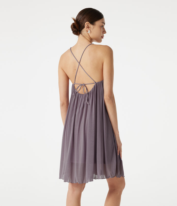 V Neck Tie Back Mesh Mini Resort Slip Dress — Lilac Blush — view 1