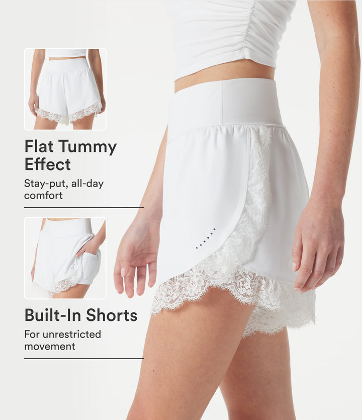 Airy High Waisted Tummy Control Lace Hem 2-in-1 InstantCool Running Shorts 3'' with Pockets — White — view 1