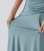 Round Neck Sleeveless Ruched Crossover Waist Maxi Casual Flowy Dress — Stone Blue — view 5