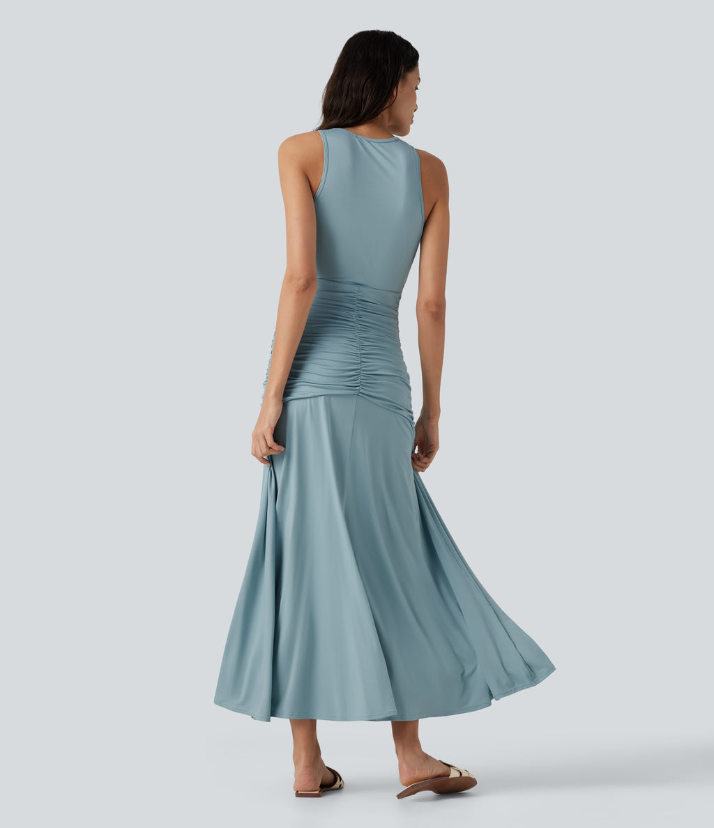 Round Neck Sleeveless Ruched Crossover Waist Maxi Casual Flowy Dress — Stone Blue — view 2