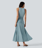 Round Neck Sleeveless Ruched Crossover Waist Maxi Casual Flowy Dress — Stone Blue — view 2