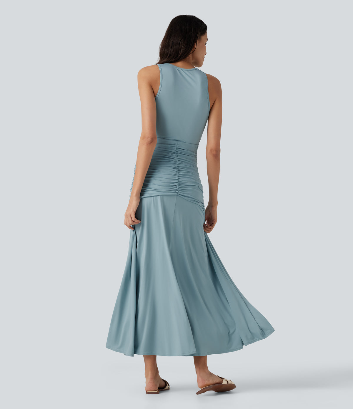 Round Neck Sleeveless Ruched Crossover Waist Maxi Casual Flowy Dress — Stone Blue — view 2