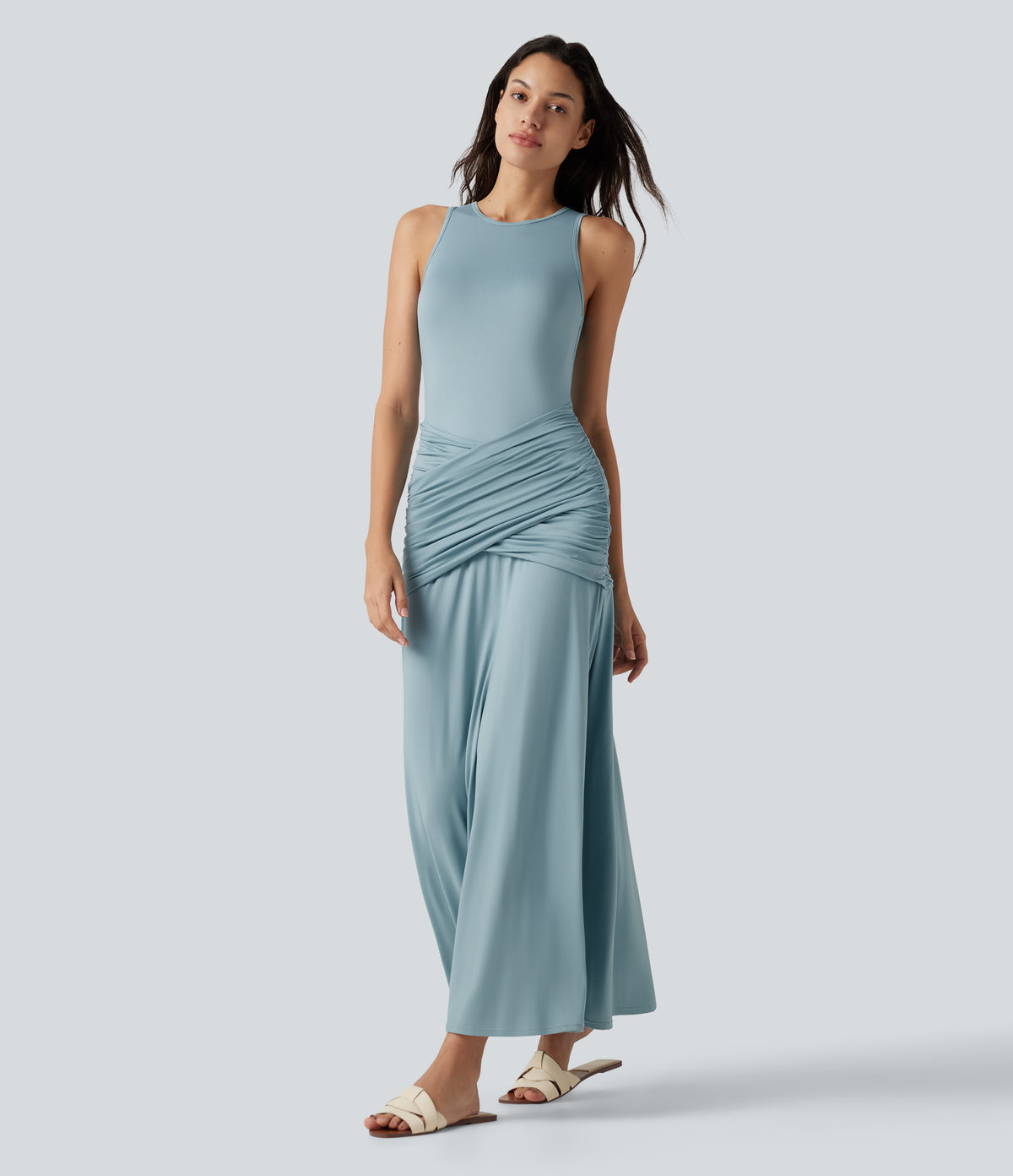 Round Neck Sleeveless Ruched Crossover Waist Maxi Casual Flowy Dress — Stone Blue — view 6