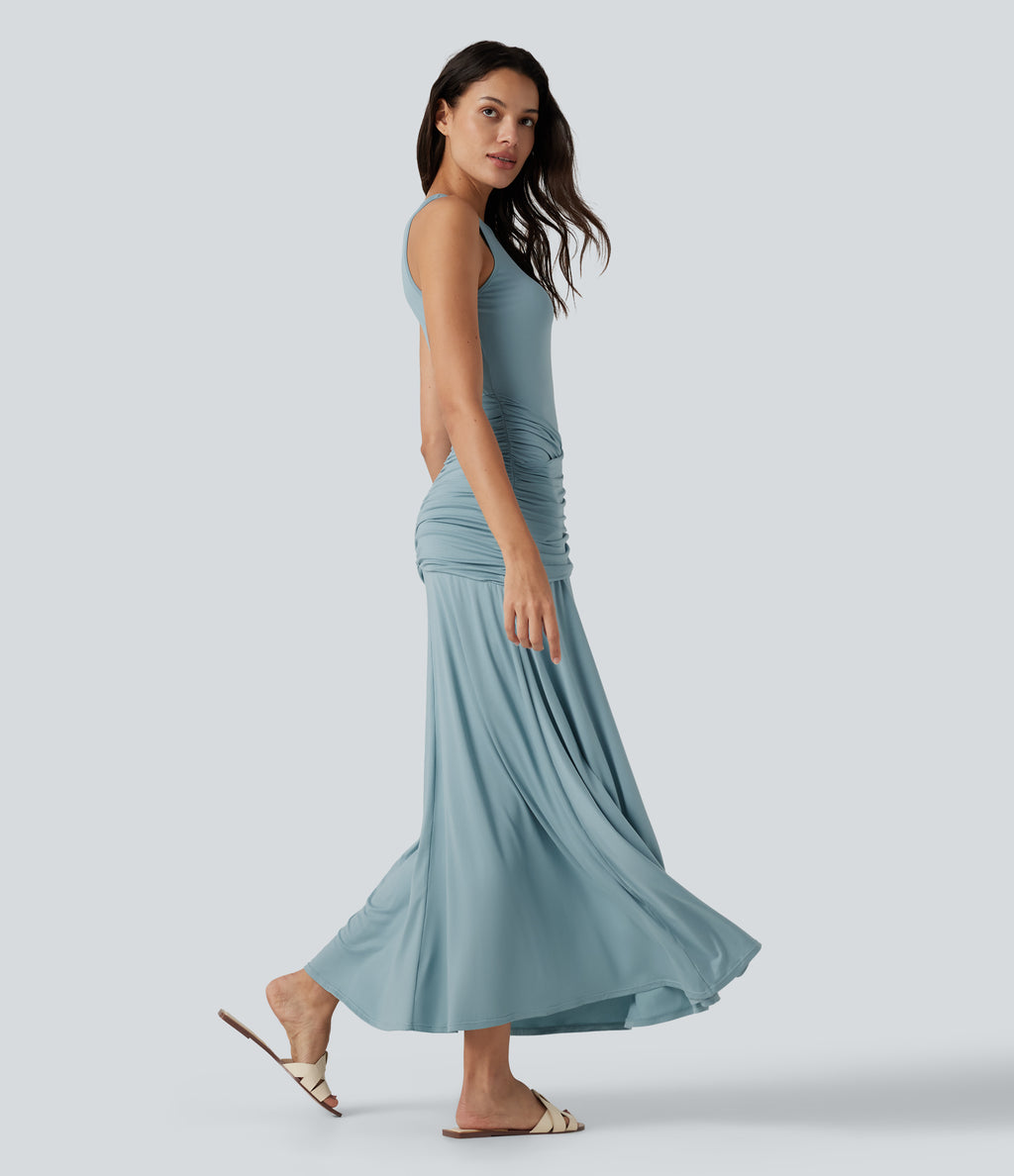 Round Neck Sleeveless Ruched Crossover Waist Maxi Casual Flowy Dress — Stone Blue — view 3
