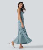 Round Neck Sleeveless Ruched Crossover Waist Maxi Casual Flowy Dress — Stone Blue — view 3