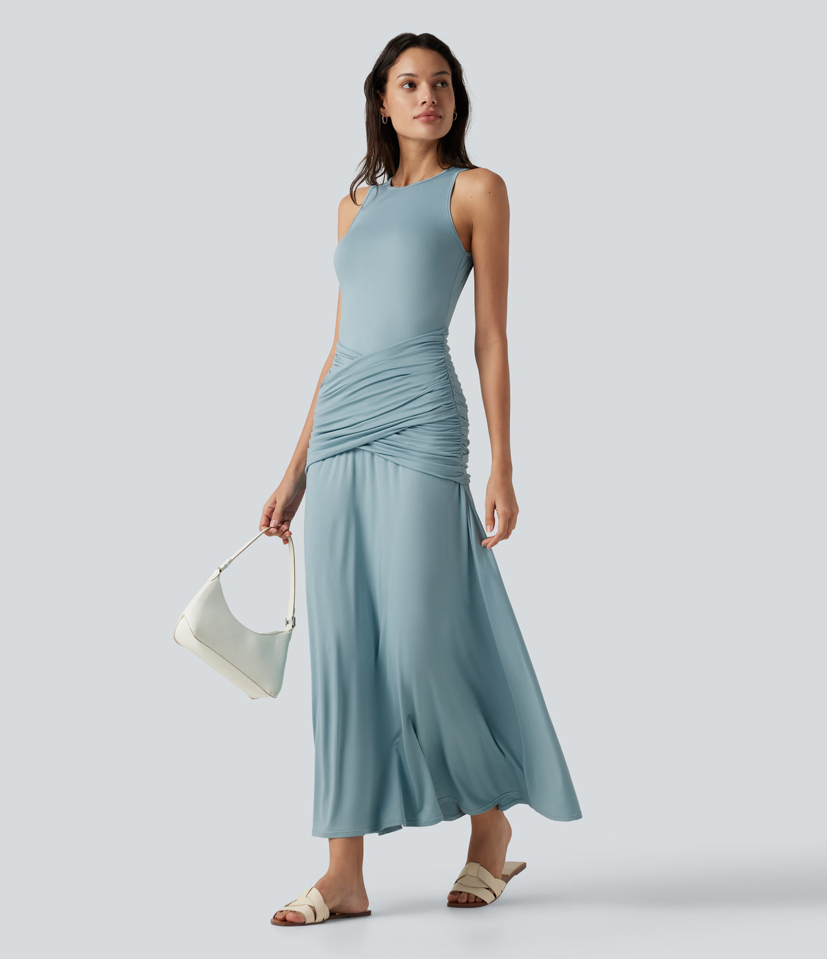 Round Neck Sleeveless Ruched Crossover Waist Maxi Casual Flowy Dress — Stone Blue — view 1