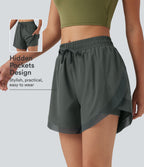 Mid Rise Drawstring Curved Hem Contrast Mesh 2-in-1 Running Shorts 5'' with Pockets — Urban Chic — view 1