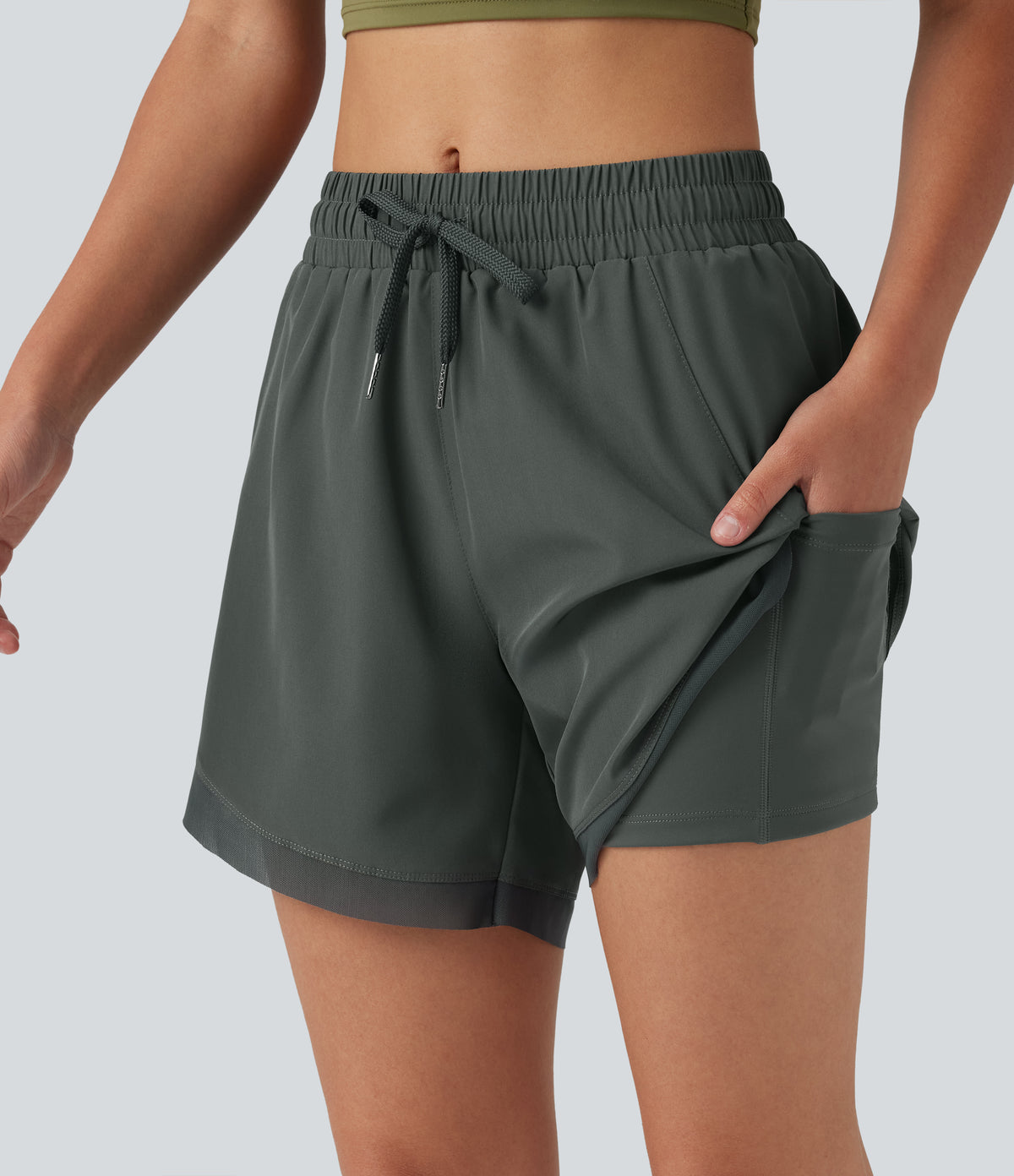 Mid Rise Drawstring Curved Hem Contrast Mesh 2-in-1 Running Shorts 5'' with Pockets — Urban Chic — view 5