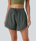 Mid Rise Drawstring Curved Hem Contrast Mesh 2-in-1 Running Shorts 5'' with Pockets — Urban Chic — view 4