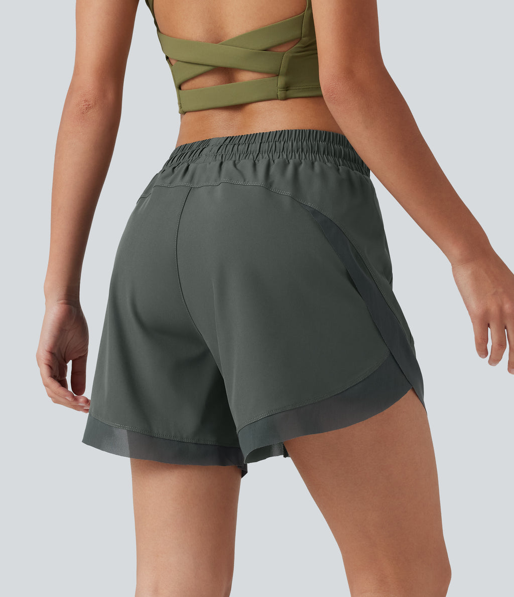 Mid Rise Drawstring Curved Hem Contrast Mesh 2-in-1 Running Shorts 5'' with Pockets — Urban Chic — view 3