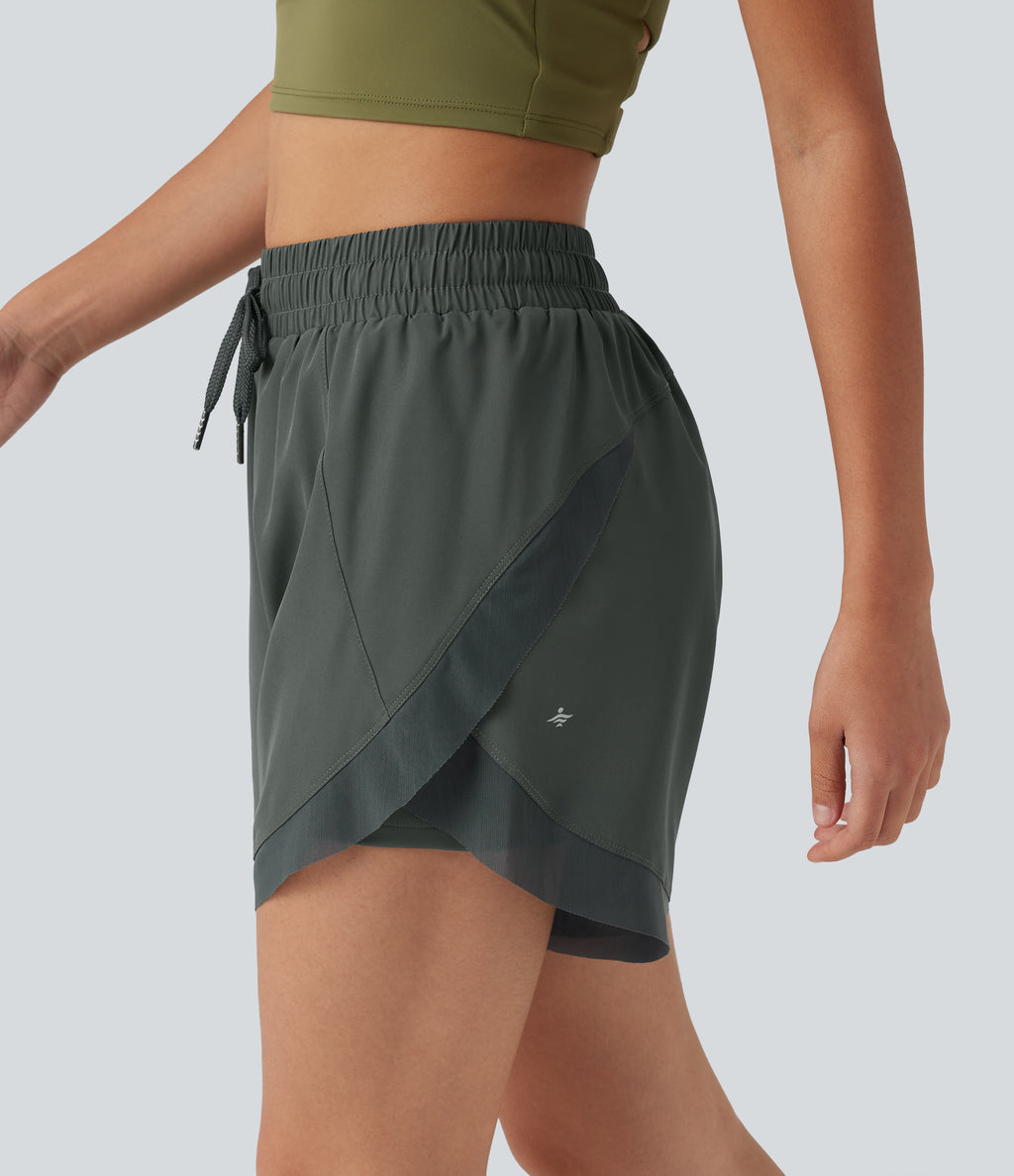 Mid Rise Drawstring Curved Hem Contrast Mesh 2-in-1 Running Shorts 5'' with Pockets — Urban Chic — view 7