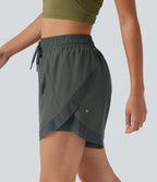 Mid Rise Drawstring Curved Hem Contrast Mesh 2-in-1 Running Shorts 5'' with Pockets — Urban Chic — view 7