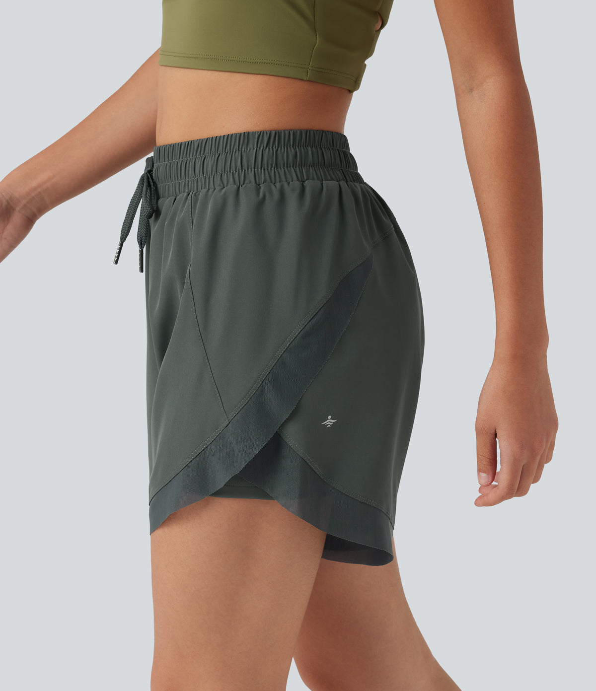 Mid Rise Drawstring Curved Hem Contrast Mesh 2-in-1 Running Shorts 5'' with Pockets — Urban Chic — view 7