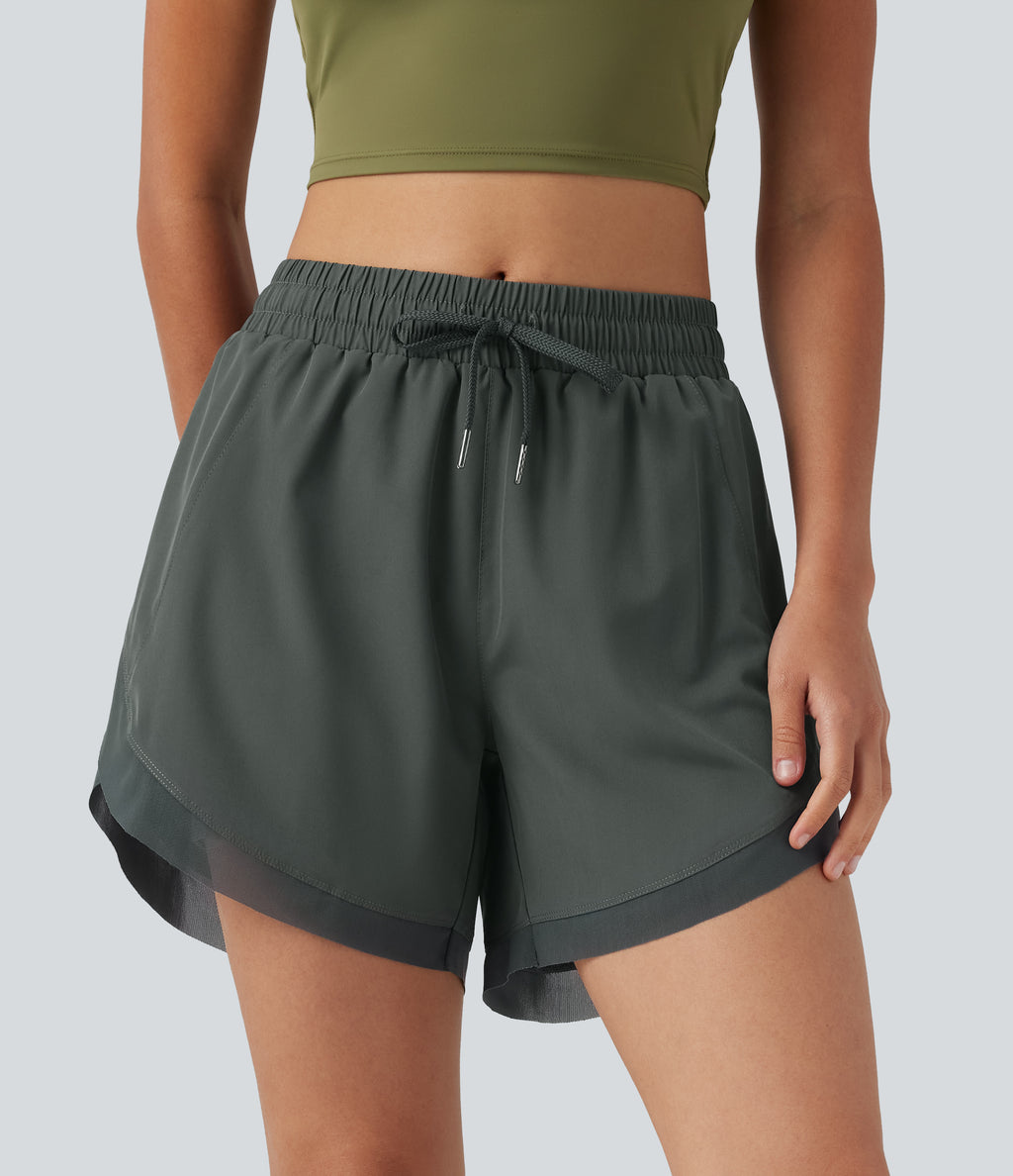 Mid Rise Drawstring Curved Hem Contrast Mesh 2-in-1 Running Shorts 5'' with Pockets — Urban Chic — view 8
