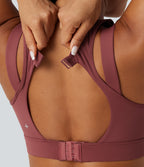 High Support V-neck Backless Adjustable Buckle Non-Removable Pad Running Sports Bra — Burgundy — view 5