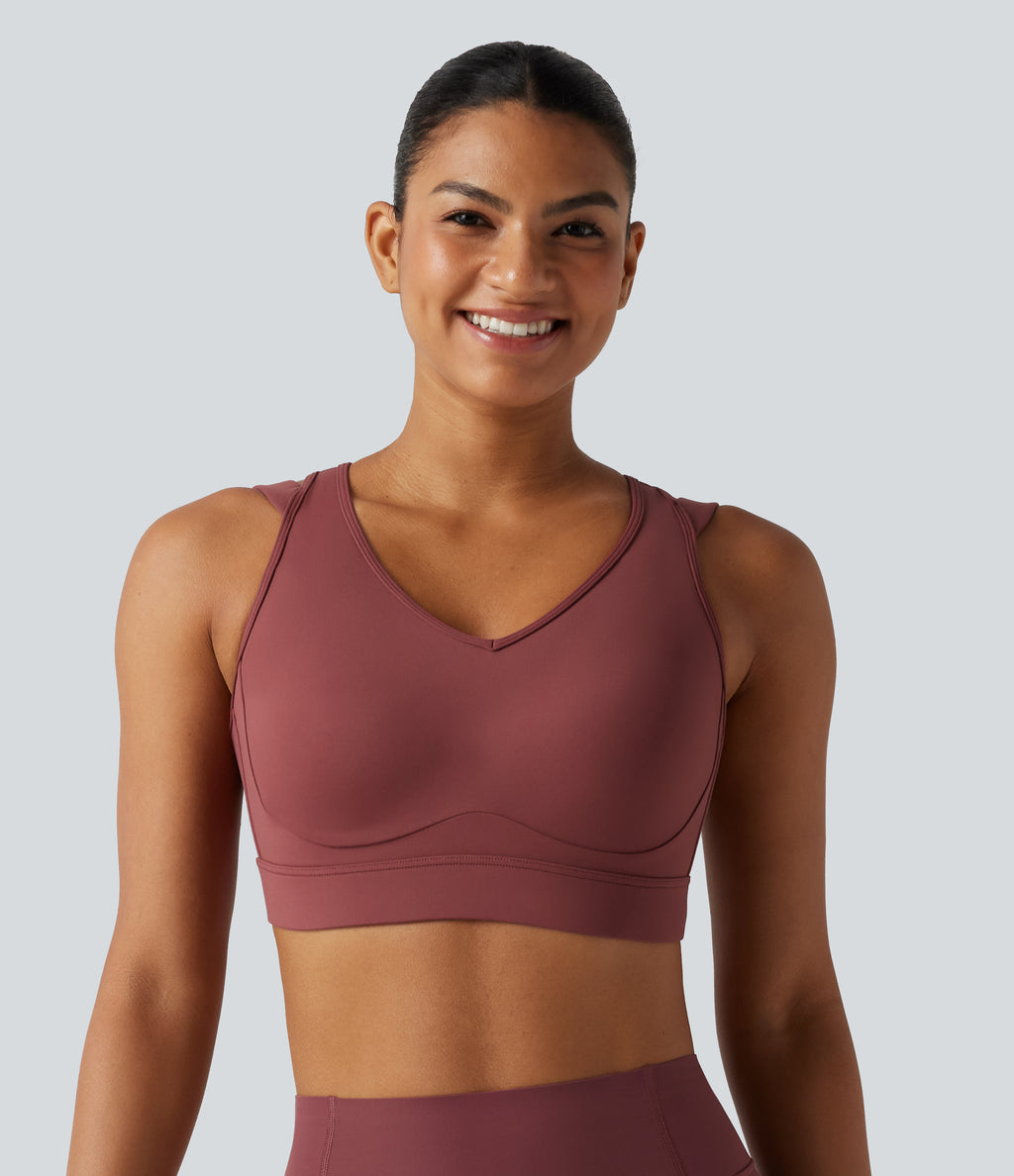 High Support V-neck Backless Adjustable Buckle Non-Removable Pad Running Sports Bra — Burgundy — view 2