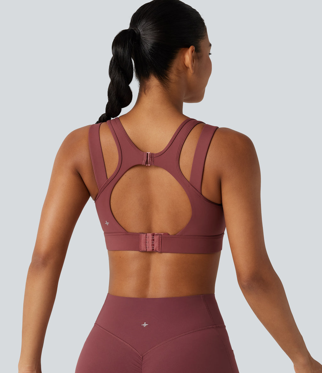 High Support V-neck Backless Adjustable Buckle Non-Removable Pad Running Sports Bra — Burgundy — view 6