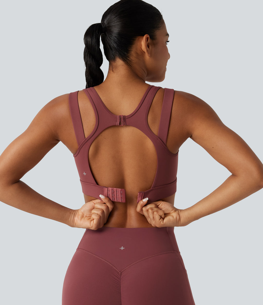 High Support V-neck Backless Adjustable Buckle Non-Removable Pad Running Sports Bra — Burgundy — view 1
