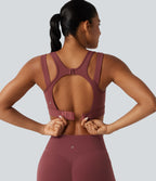 High Support V-neck Backless Adjustable Buckle Non-Removable Pad Running Sports Bra — Burgundy — view 1