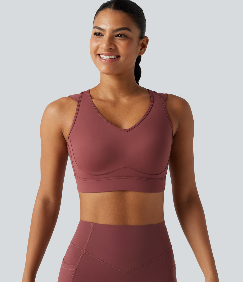 High Support V-neck Backless Adjustable Buckle Non-Removable Pad Running Sports Bra — Burgundy — view 7