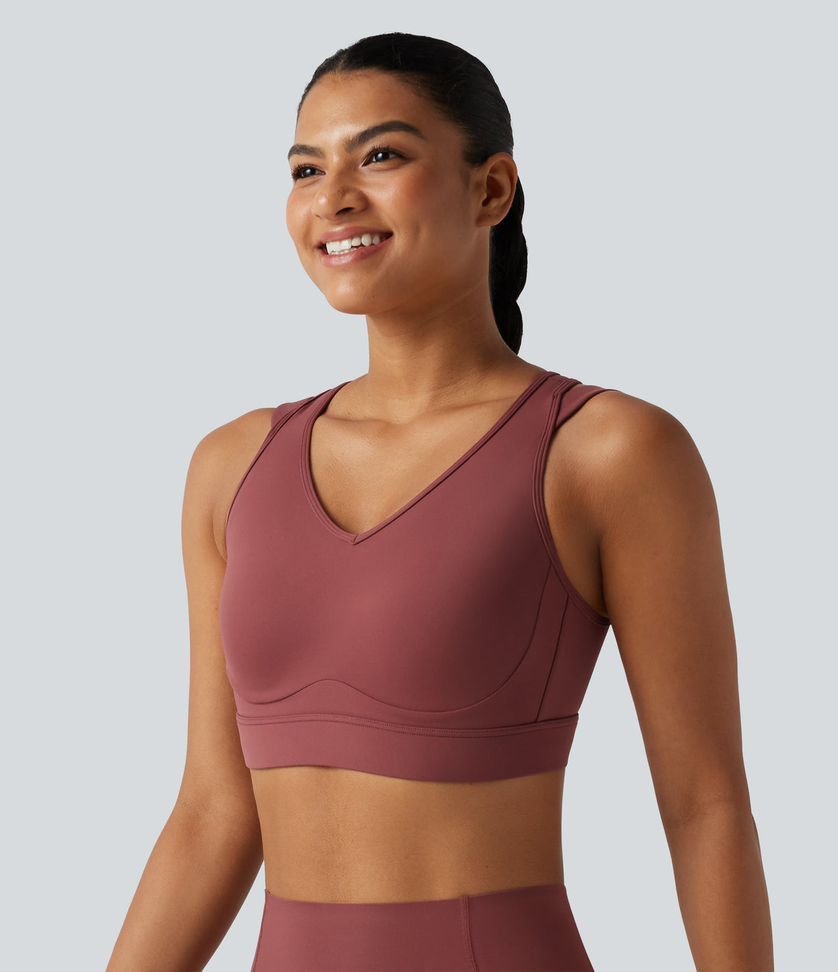 High Support V-neck Backless Adjustable Buckle Non-Removable Pad Running Sports Bra — Burgundy — view 3
