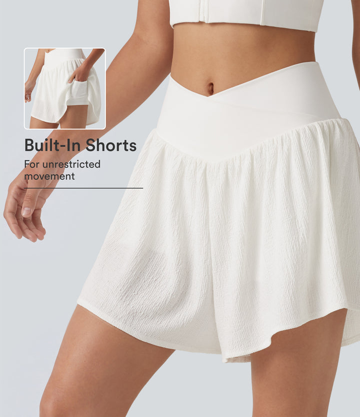 Crossover High-waisted Split Hem 2-in-1 Crinkle Running Shorts with Pockets — White — view 1
