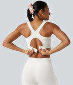 High Support Contrast Mesh Adjustable Buckle Non-Removable Pad Training Sports Bra — White — view 5