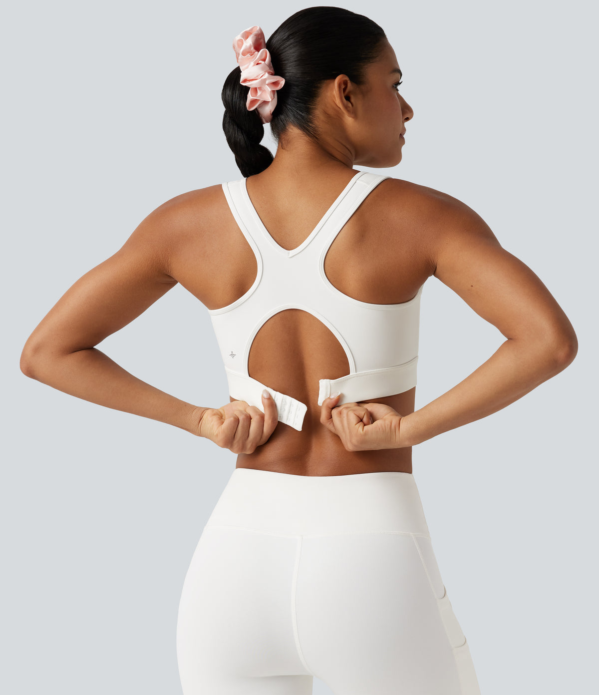 High Support Contrast Mesh Adjustable Buckle Non-Removable Pad Training Sports Bra — White — view 5