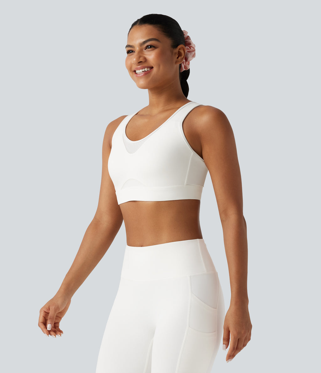 High Support Contrast Mesh Adjustable Buckle Non-Removable Pad Training Sports Bra — White — view 3
