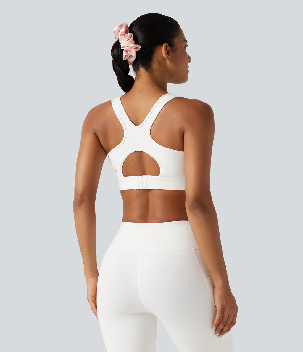 High Support Contrast Mesh Adjustable Buckle Non-Removable Pad Training Sports Bra — White — view 4