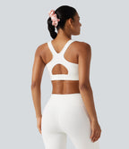 High Support Contrast Mesh Adjustable Buckle Non-Removable Pad Training Sports Bra — White — view 4