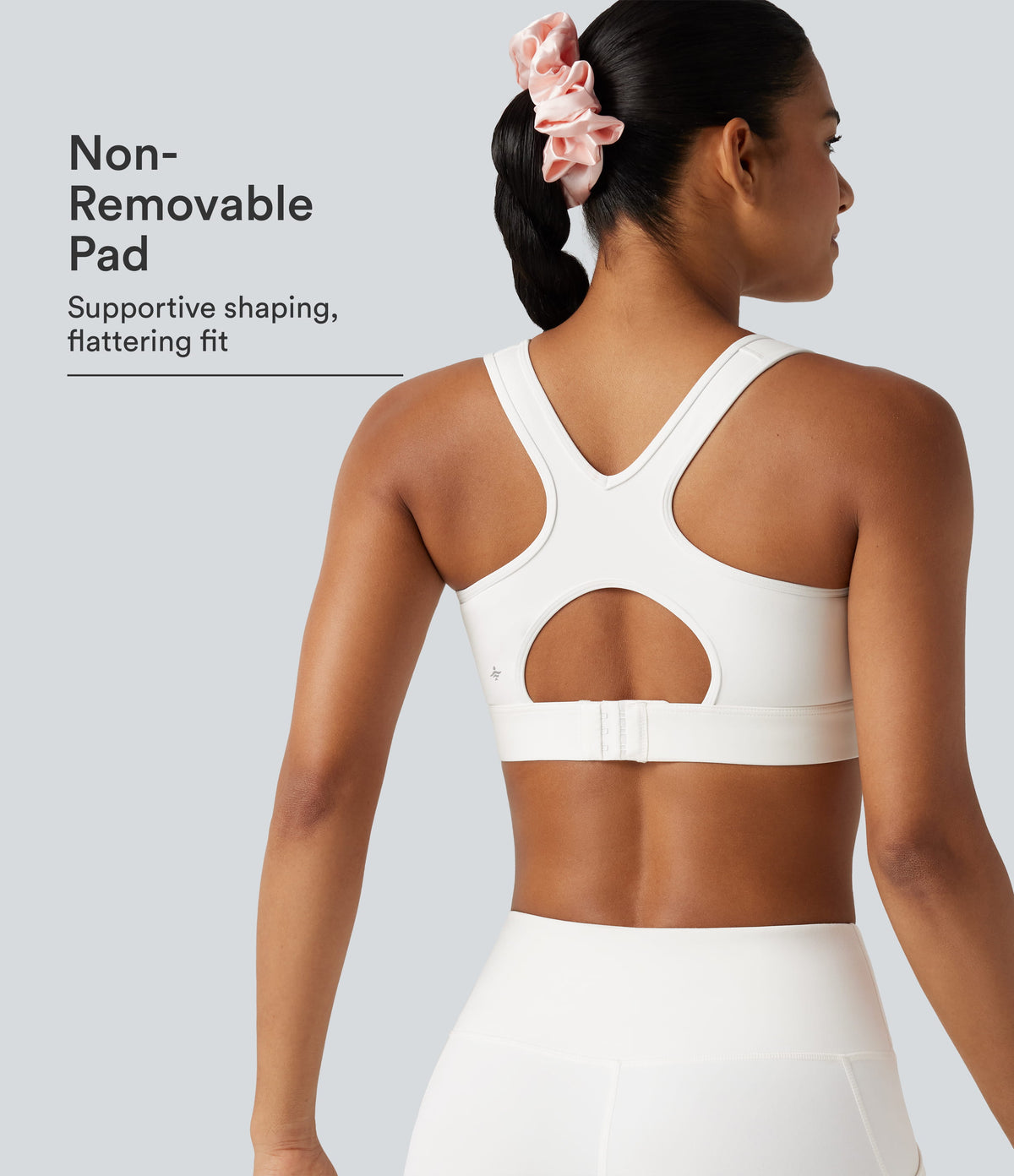 High Support Contrast Mesh Adjustable Buckle Non-Removable Pad Training Sports Bra — White — view 1