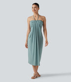 Halter Tie Back Built-in Bra Midi Resort Dress with Pockets — Oil Blue — view 4