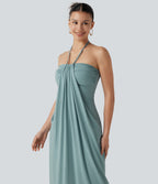 Halter Tie Back Built-in Bra Midi Resort Dress with Pockets — Oil Blue — view 5