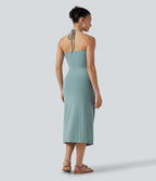Halter Tie Back Built-in Bra Midi Resort Dress with Pockets — Oil Blue — view 3